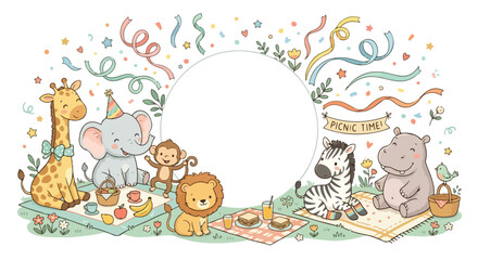 Fototapeta premium Cute cartoon animals enjoy a festive outdoor picnic with snacks, streamers, and confetti around a central white circular frame for custom text.