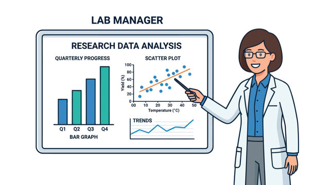 Lab manager presenting quarterly research data analysis graphs.