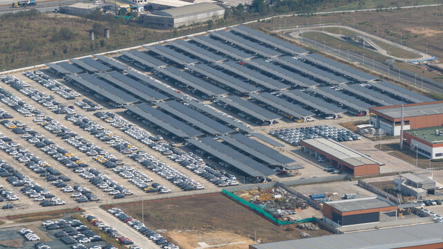 Khao Khansong, Thailand - 11 February 2026: Aerial drone view of MG's EV factory in Chonburi, Thailand, showing electric vehicle production, battery assembly, robotics and ASEAN export hub.