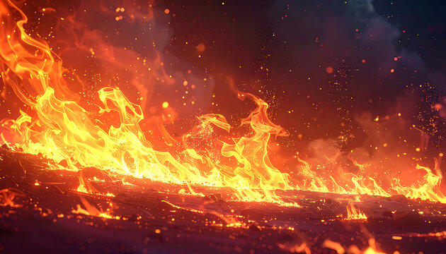 Intense raging wildfire with glowing embers and smoke against a dark stormy sky, intense heat and destruction, energy and power
