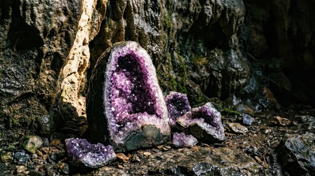 Stunning Amethyst Geode Formation with Sparkling Purple Crystals in Natural Setting