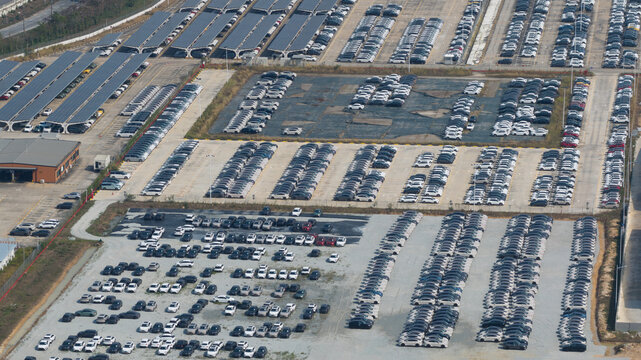 Khao Khansong, Thailand - 11 February 2026: Aerial drone view of MG's EV factory in Chonburi, Thailand, showing electric vehicle production, battery assembly, robotics and ASEAN export hub.