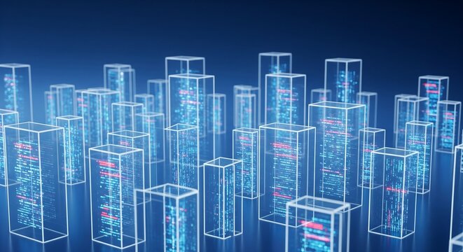 Digital data city blocks with glowing code on a deep blue background