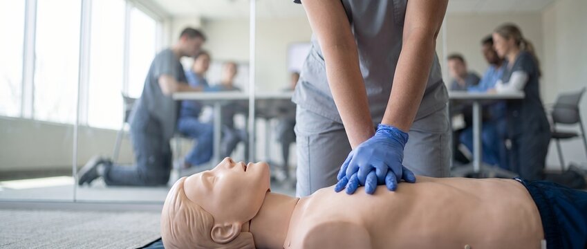 First aid training class showing people practicing cpr chest compressions on medical dummies