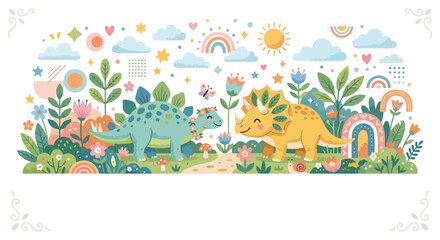 A whimsical and colorful vector illustration featuring two cute dinosaurs, a Stegosaurus and a Triceratops, in a magical prehistoric landscape. © Regina