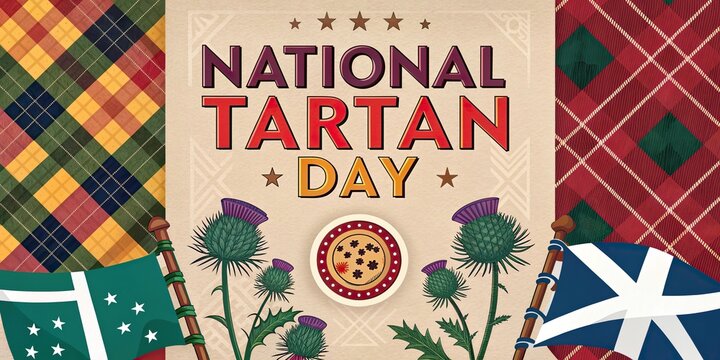 National Tartan Day banner with Scottish thistle flags and traditional tartan patterns