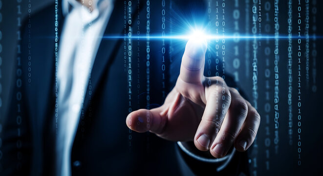 Man in dark suit touching glowing blue digital binary code data stream technology