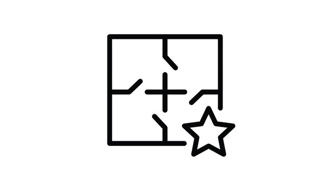 Minimalist black outline icon featuring a square shape divided into four quadrants with a small star symbol placed in the bottom right corner on white