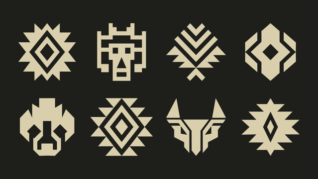 Set of Aztec Geometric Tribal Symbols and Ethnic Mask Icons on Dark Background