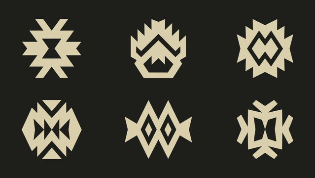 Set of Six Geometric Tribal Ethnic Symbols and Kilim Motifs on Dark Background