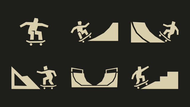 Minimalist skateboarder icons set performing tricks on ramps and stairs in urban skate park style