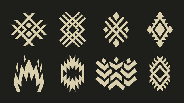 Set of minimalist tribal geometric symbols and folk art icons for ethnic design
