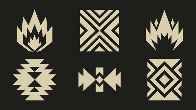 Set of minimalist tribal geometric icons and abstract ethnic symbols on dark background