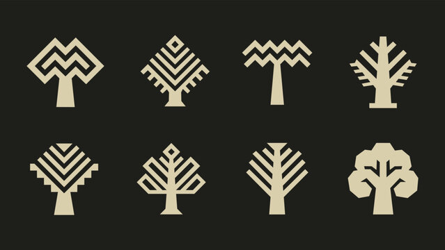 Set of geometric tree icons with minimalist folk art and ethnic style on black background