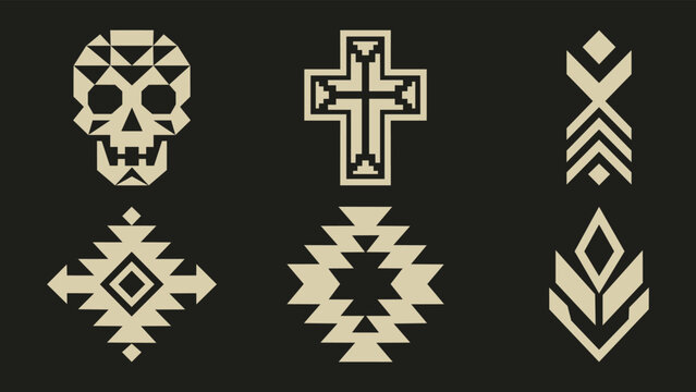 Set of six geometric tribal icons including skull cross and abstract ethnic symbols