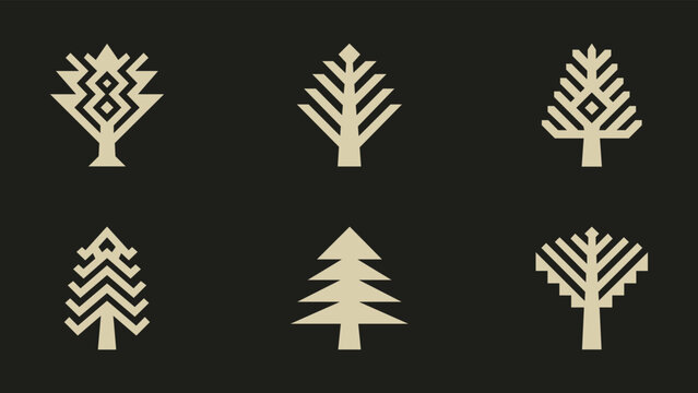 Minimalist geometric tree icons set with folk art aesthetic and symmetrical branch patterns on dark background