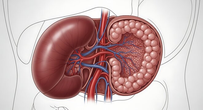 3D rendered human kidneys with blood vessels and ureters.