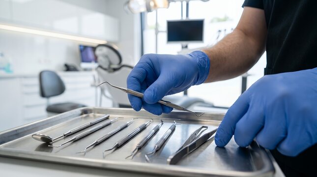 Dentist In Blue Gloves Selecting Sterile Instruments From Tray Close Up