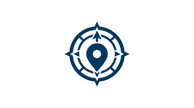 A blue navigation compass icon with a central location pin symbol