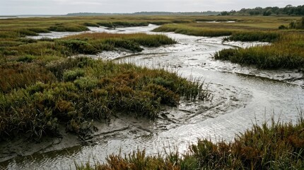 Obraz premium Meandering Waterways Through a Lush Coastal Marsh Landscape Under Overcast Skies