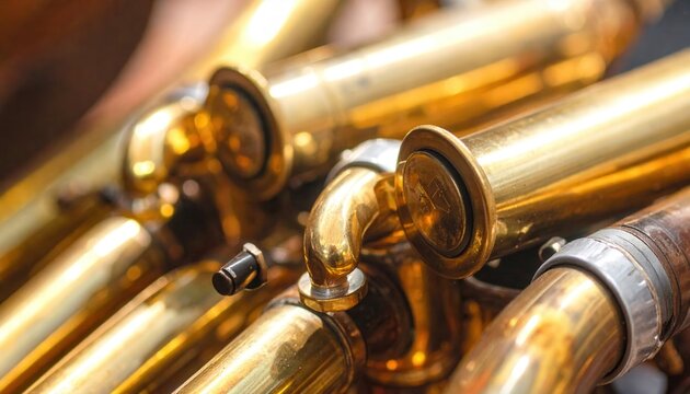 Gleaming brass instruments polished to a mirror finish in close-up detail