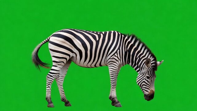 Zebra standing and lowering its head on a green screen