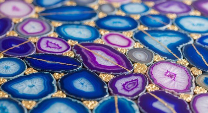 Macro Close Up of Polished Blue and Purple Agate Slices with Gold Accents for Background and Design