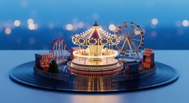 Miniature amusement park 3D render with illuminated carousel and Ferris wheel at night, bokeh background, for design.