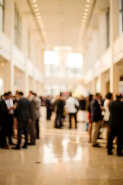 Professional business networking event in a modern convention hall with attendees engaging in conversation and corporate relationship building
