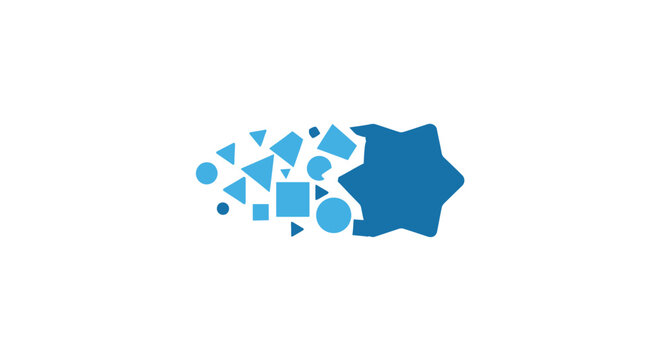 A blue star shape dissolving into various small geometric fragments on white background