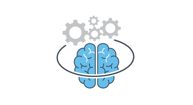 A blue human brain icon with mechanical gears representing cognitive processing power
