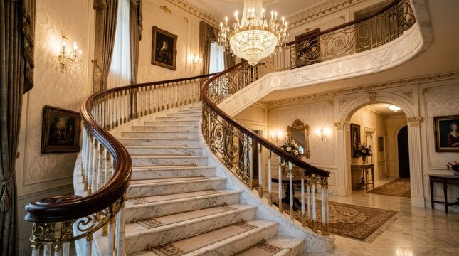Magnificent marble spiral staircase with ornate banister and crystal chandelier in opulent mansion interior