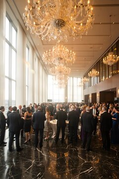 Luxury corporate networking event in an elegant ballroom filled with business professionals engaging in conversation and relationship building
