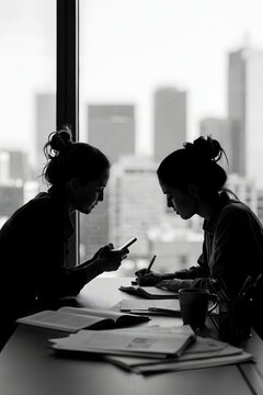 Silhouette of two business professionals collaborating in a modern office with city skyline backdrop and digital communication tools
