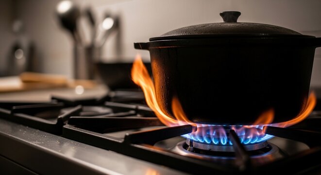 Cooking pot flames close up