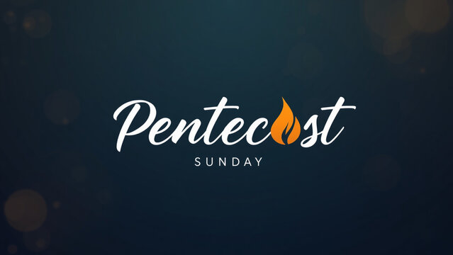 A minimalist religious poster celebrating Pentecost Sunday. Deep midnight-blue gradient backdrop with centered white cursive lettering reading &ldquo;Pentecost.&rdquo; A stylized fire flame icon in bright orange 