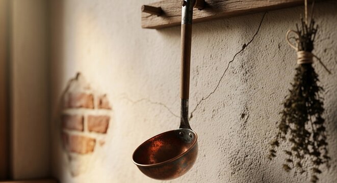 Copper ladle hanging rustic wall