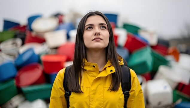 Young woman standing before a large plastic waste pile highlighting environmental pollution sustainability challenges and recycling awareness
