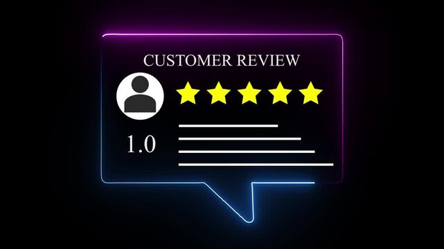 Customer review rating interface glowing on dark screen with five star feedback and score of 1.0