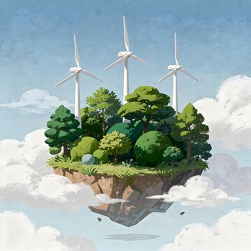 Floating sustainable energy island with wind turbines and lush forest representing renewable power innovation and green technology
