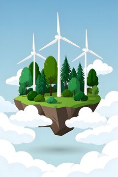 Floating sustainable energy island with wind turbines and lush forest representing renewable power innovation and green technology
