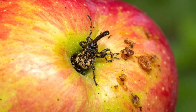 Weevil Borers Infesting a Ripening Apple, Detailed Macro View Showcasing Insect Damage