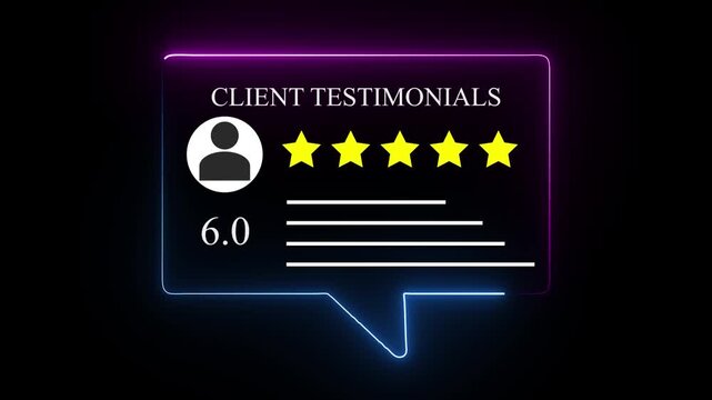 Client testimonial rating interface with five stars and user profile on digital screen