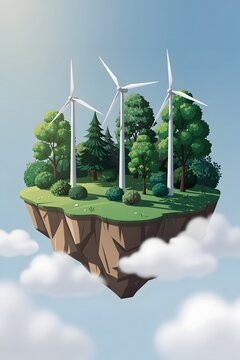 Floating sustainable energy island with wind turbines and lush forest representing renewable power innovation and green technology
