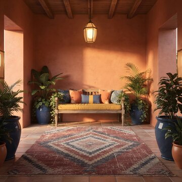 Elegant Mediterranean courtyard interior with wooden bench decorative rug and lush potted plants creating a warm inviting atmosphere
