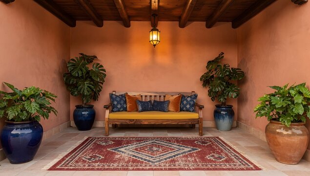 Elegant Mediterranean courtyard interior with wooden bench decorative rug and lush potted plants creating a warm inviting atmosphere
