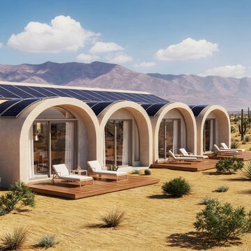 Modern eco friendly desert resort featuring futuristic arched cabins with solar roofs and luxury outdoor living in an arid landscape
