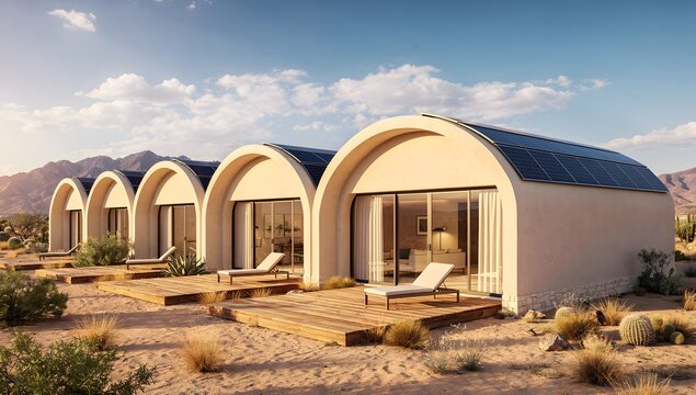 Modern eco friendly desert resort featuring futuristic arched cabins with solar roofs and luxury outdoor living in an arid landscape
