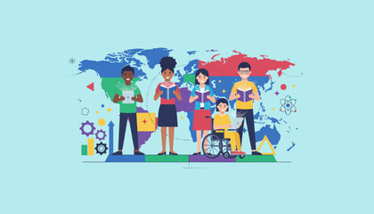 Fototapeta premium Diverse students reading books on a colorful blank world map, representing global education and learning opportunities for all.