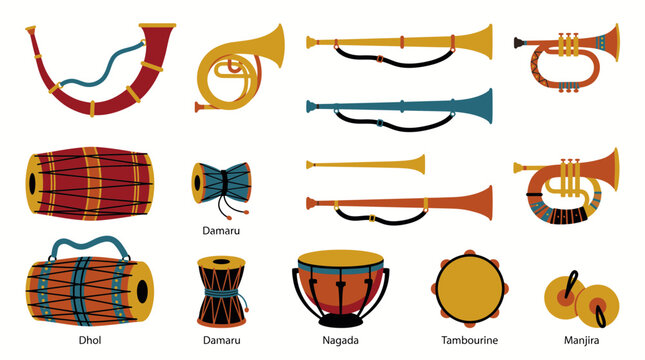 Traditional Indian musical instruments and percussion icon set.